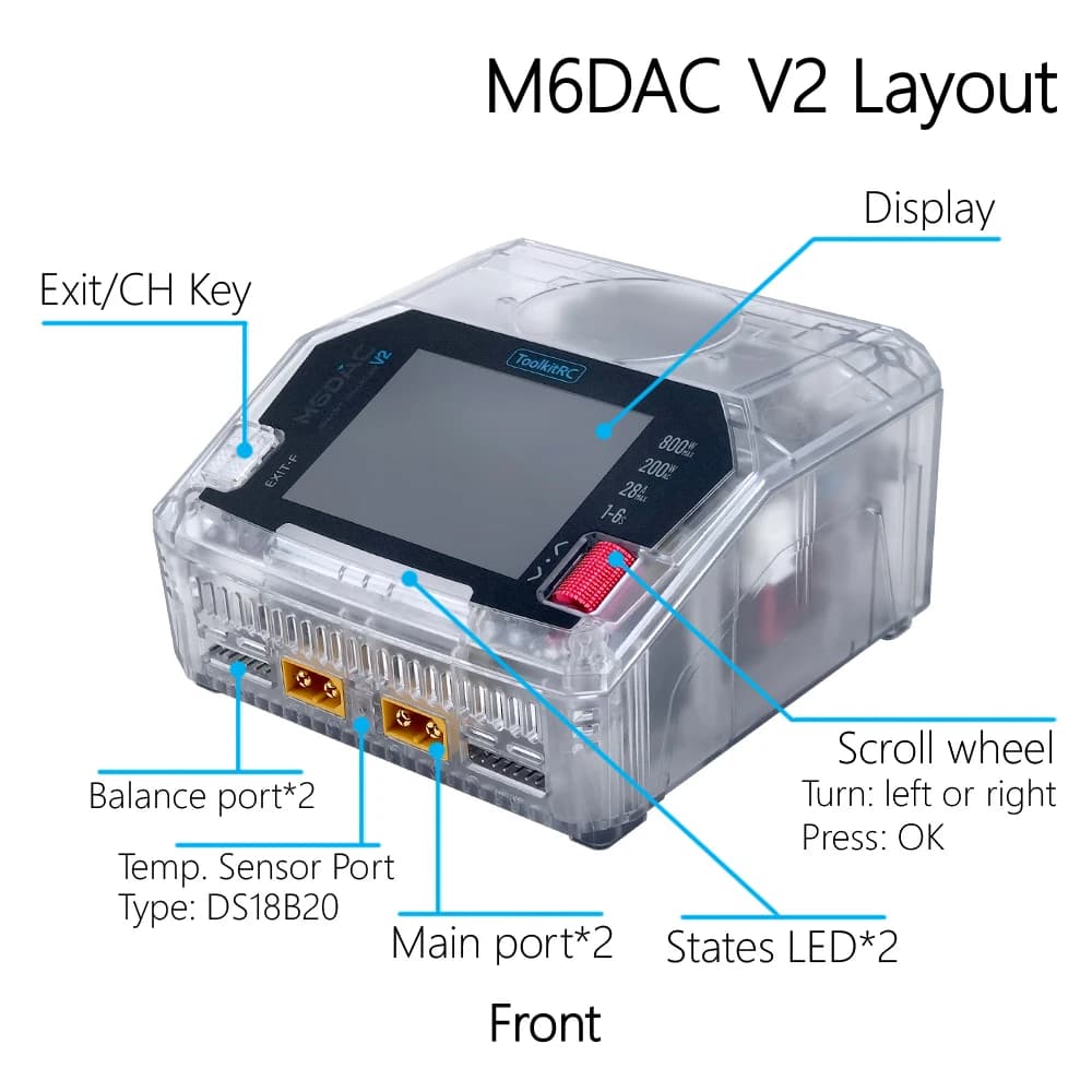 ToolkitRC M6DAC V2 TRN Charger 2CH AC200W Transparent Color DC800W IPS Model Toy Car Lithium Battery Charging 1S 2-6S LiPo LiHv 2