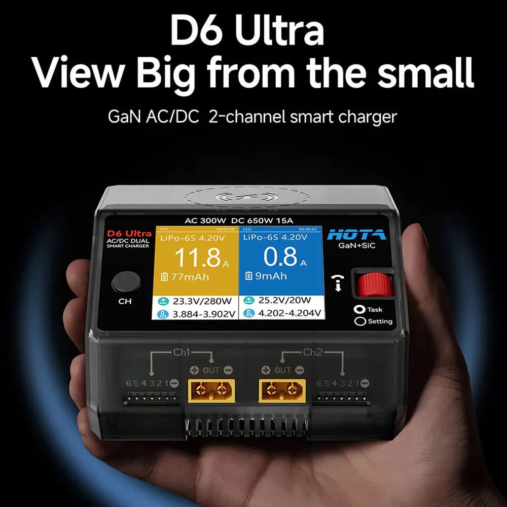 HOTA D6 Ultra AC 300W DC 650W Dual Channel Charger with GaN+SiC for 1-6S Lipo LiHV Li-ion NiMH Battery XT60 2