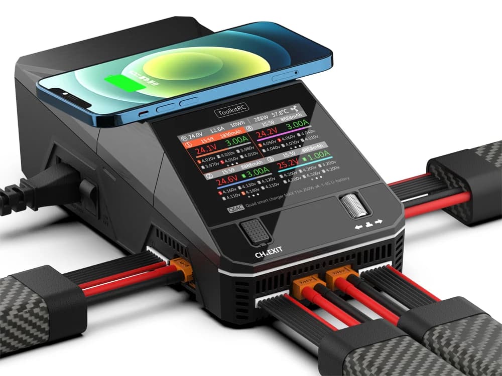 ToolkitRC Q6AC Charger AC 400W / DC 1000W 4CH output Built-in 65W USB Output 15W Wireless Charger for LiPo NiMH PB battery 5