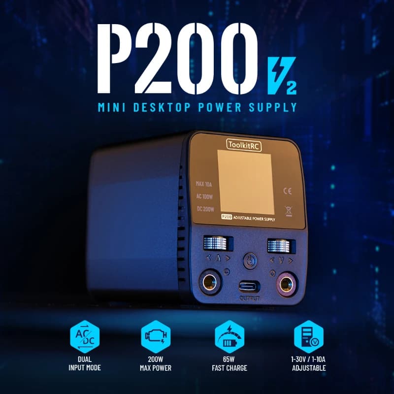 ToolkitRC P200 V2 Mini GaN Adjustable Desktop Power Supply Adapter AC100W DC200W Type-C Output Compatible Charger 4