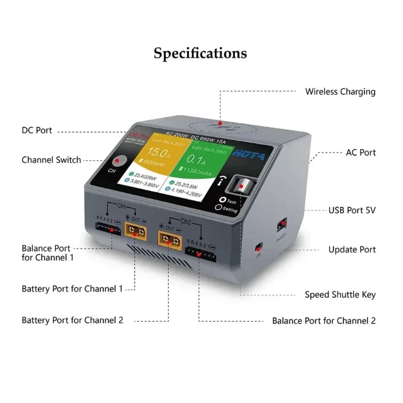 HOTA D6 Pro 200W AC/650W DC Dual Channel Wireless Battery Charger for LiPo LiHV NiMH NiCd RC Drone 2