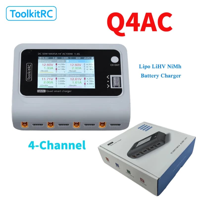 ToolkitRC Q4AC 3S Lipo Battery Charger for RC Car with XT60 XT30 Adapters 4-Port DC Smart Discharger 4x50W 5A AC 100W