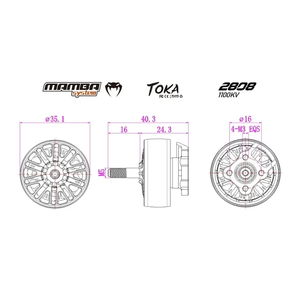 DIATONE MAMBA TOKA 2808 1100KV Brushless Motor W/ 6mm titanium alloy shaft Compatible 7inch Propeller 4-6S for FPV Racing Drone 4