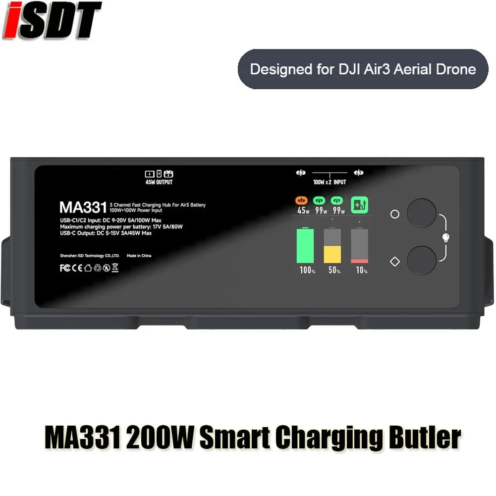 ISDT MA331 200W (Dual 100W) Smart Battery Fast Charging Butler USB Type-C Plug OTA Upgrades for DJI Air3 Aerial FPV Drone 2