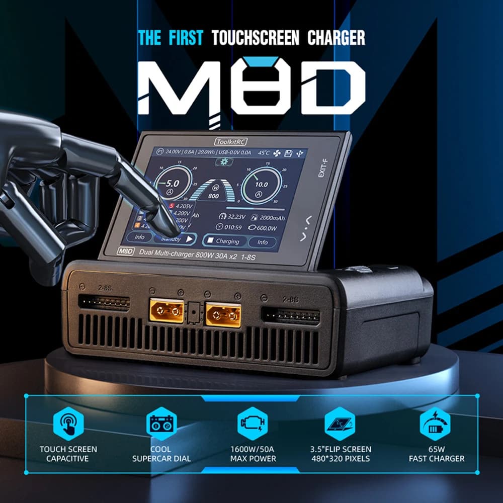 ToolkitRC M8D Smart Charger 2CH Touch Screen Dual Channel DC800W*2 30A 1-8S Lithium Battery Fast Charge RC Model Car FPV 3