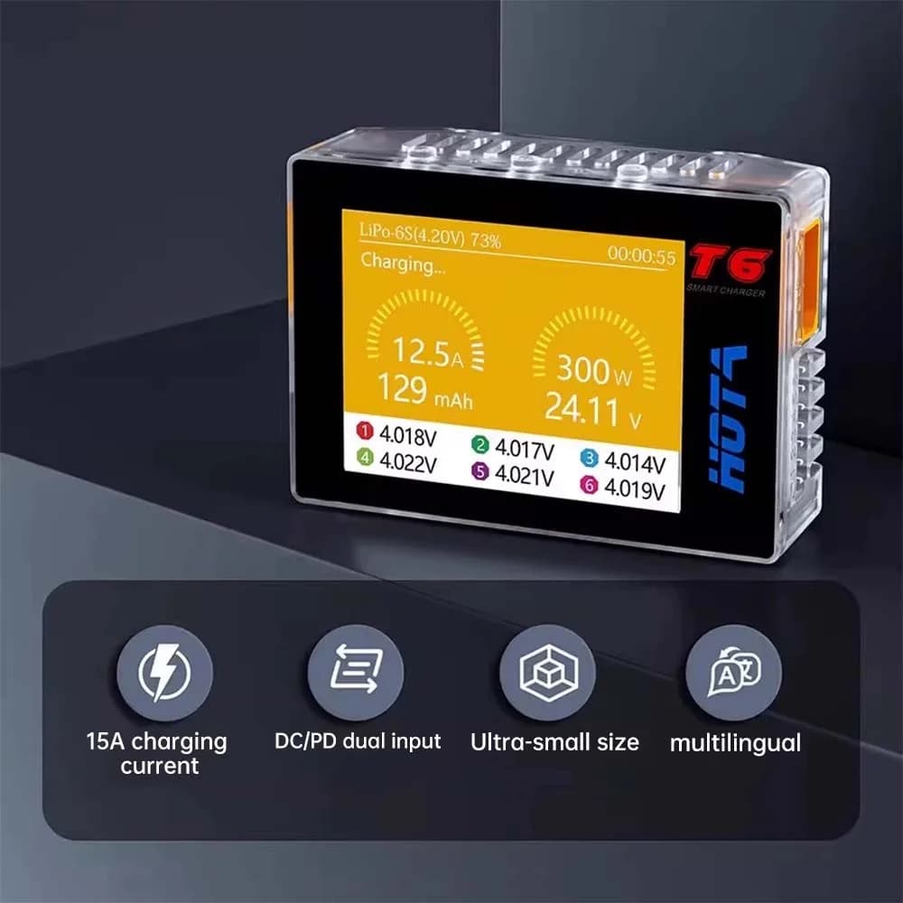 HOTA T6 Smart Charger  DC/PD Dual Input 300W 2.4IPS Supports XT60 and TYPE-C Interfaces Compatible  PD3.0 FPV RC Battery Charger 5