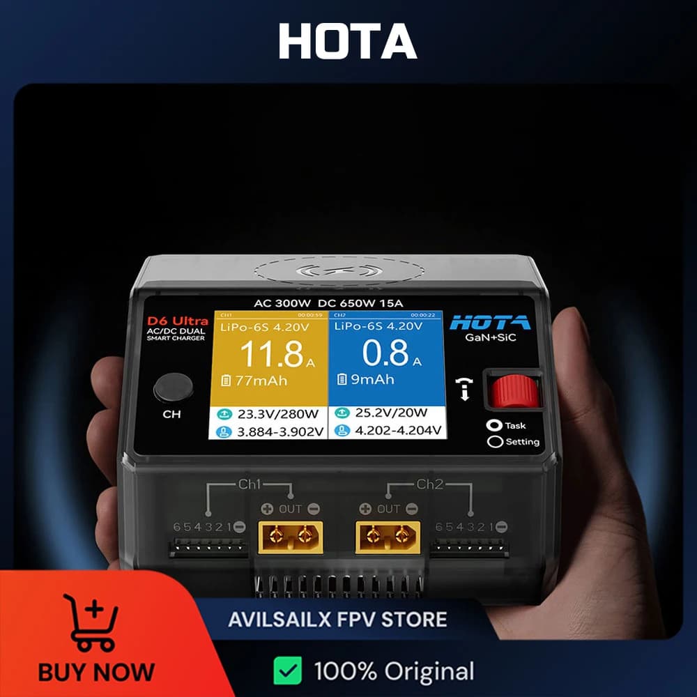 HOTA D6 Ultra AC 300W DC 650W Dual Channel Charger with GaN+SiC for 1-6S Lipo LiHV Li-ion NiMH Battery XT60
