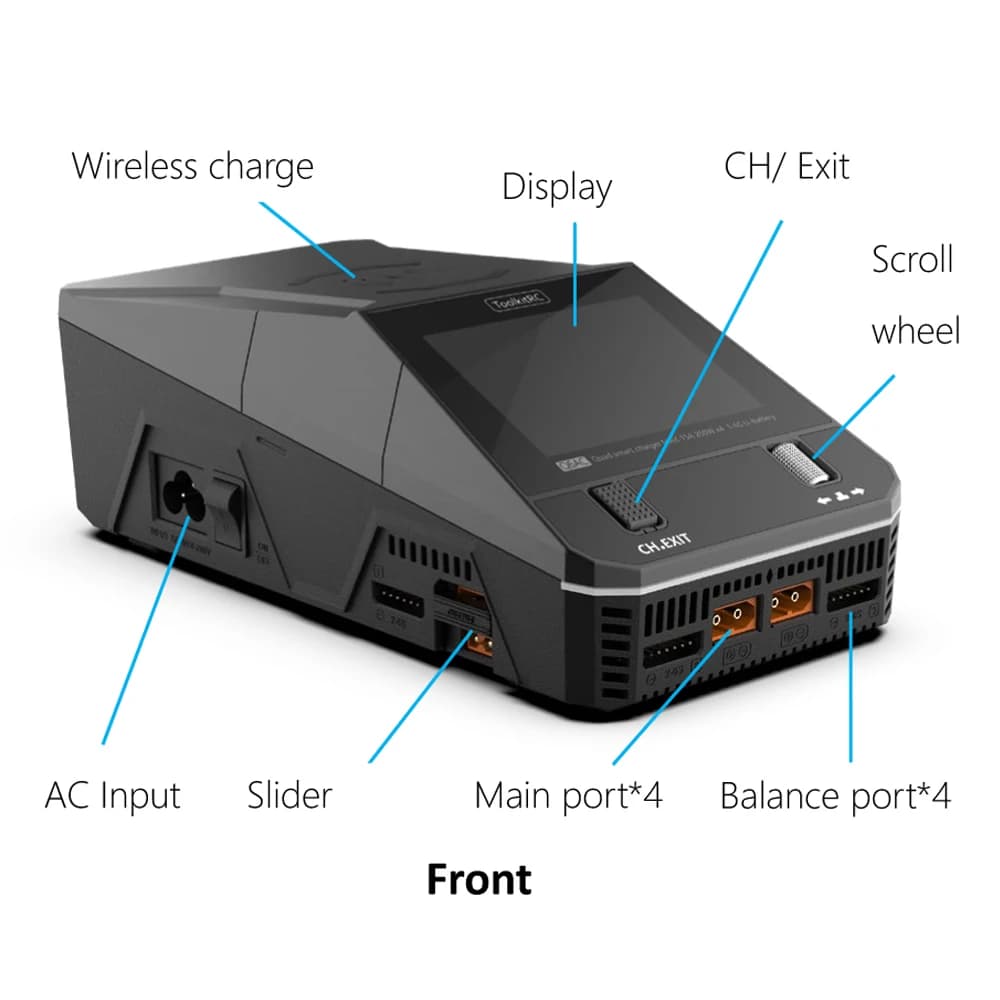 ToolkitRC Q6AC Charger AC 400W / DC 1000W 4CH output Built-in 65W USB Output 15W Wireless Charger for LiPo NiMH PB battery 3