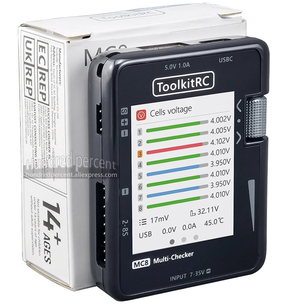 ToolkitRC MC8 Mini Size Cell checker 32 Bit 2-8S Battery Multi-Checker PWM Output PPM SBUS Readout With USB-C Fast Charging