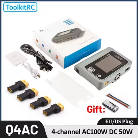 ToolkitRC Q4AC Charger XT60 Adapters 4x50W 5A AC 100W 4 Port DC Smart Discharger AC DC IPS Bright with Clear Wide Angle Display