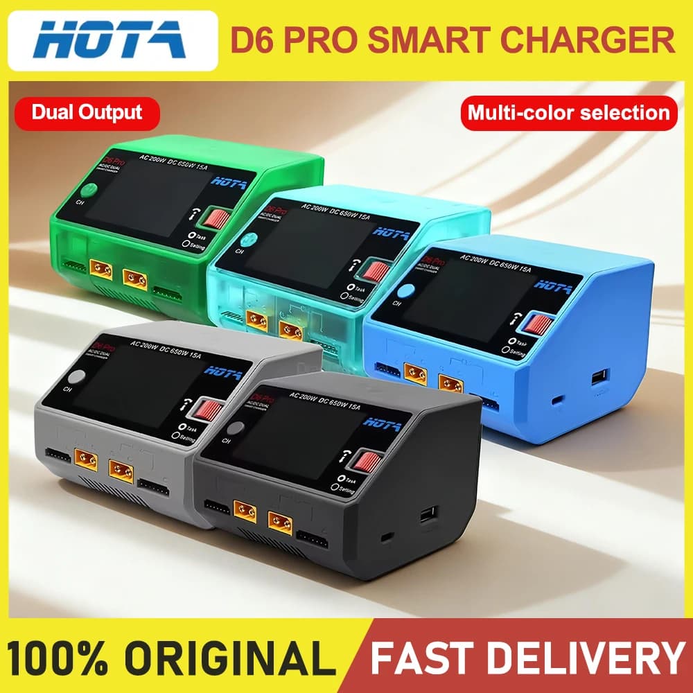 HOTA D6 Pro Smart Charger Dual Channel AC200W DC650W 15A, Supports LiPo/NiMH/NiCd/NiZn & Phone Charging for FPV Drone