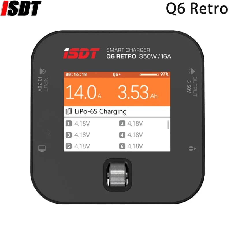 ISDT Q6 Retro 350W 16A DC Lipo Battery Balance Charger Discharger for 2-6S Digital Battery Li-Po Li-Hv Li-Ion Li-Fe NiMH Ni-Cd